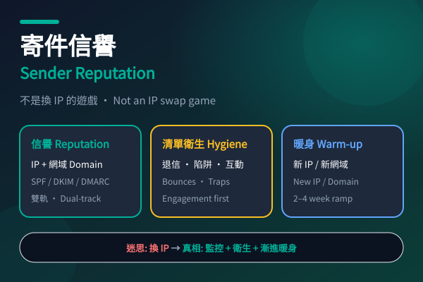 寄件信譽:不是換 IP 的遊戲 寄件信譽三大支柱:雙軌信譽、清單衛生與暖身,對比換 IP 迷思