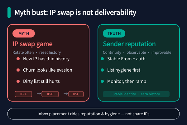 Myth bust: left “IP swap game” vs right “sender reputation” — rotation resets history; continuity builds it