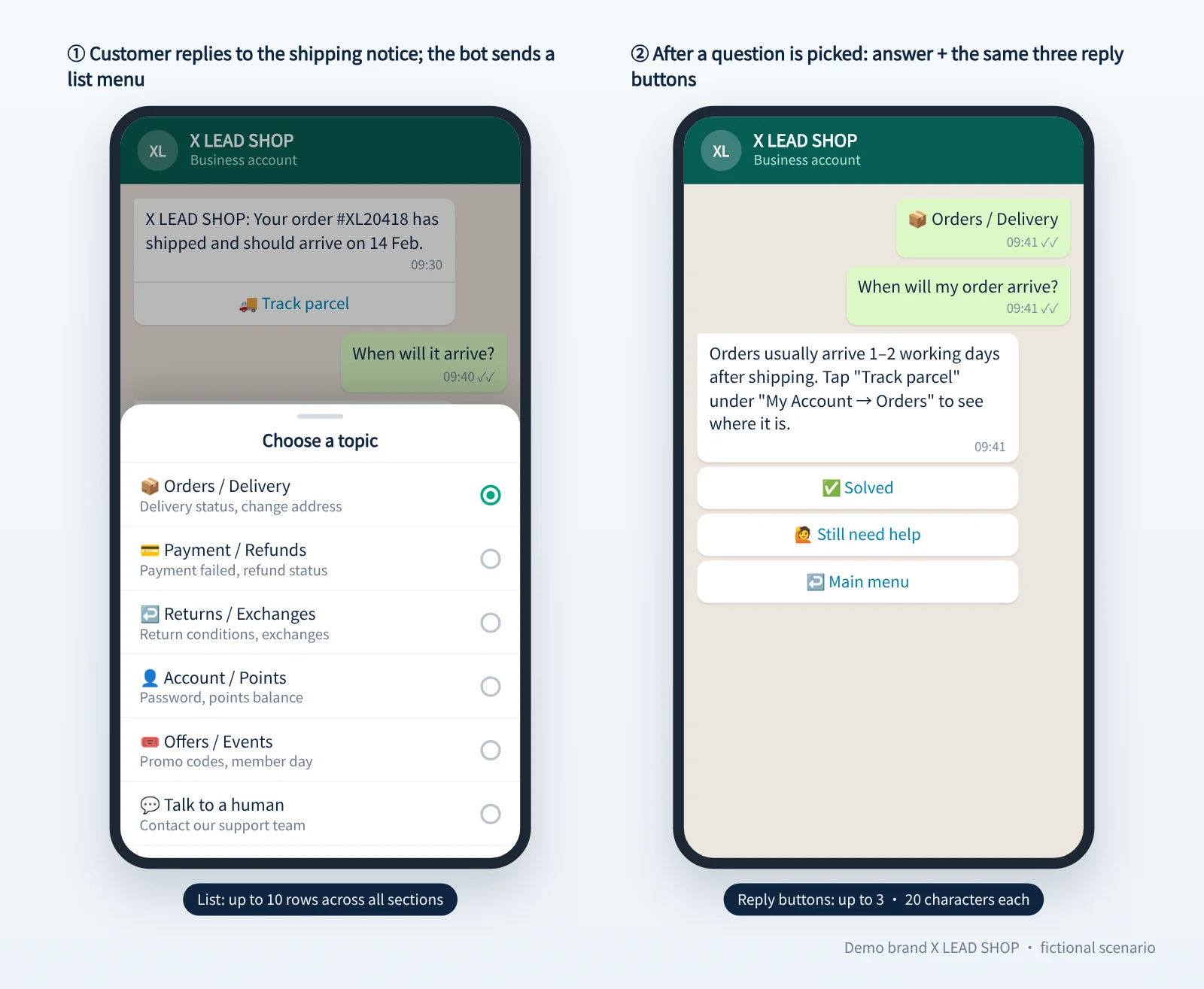 X LEAD SHOP's WhatsApp list menu, and the three reply buttons after an answer