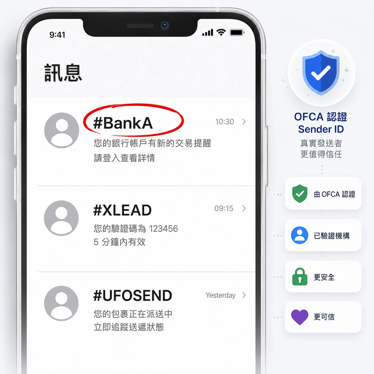 Dedicated # Sender IDs such as #BankA, #XLEAD and #UFOSEND shown in the inbox, with an OFCA-verified badge
